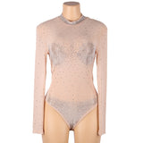 Plus size European and American nightclubs sexy long sleeve see-through non-dehydration diamond tight jumpsuit