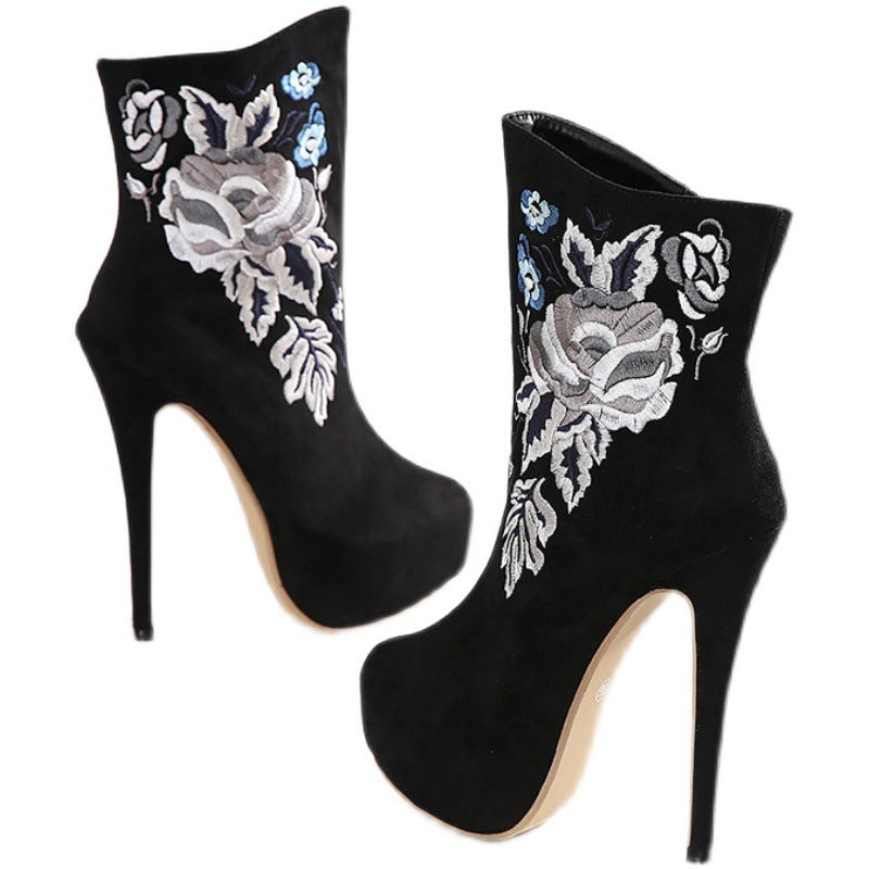 Retro Embroidery Fashion elegant high heel large size thick bottom side zip short boots women