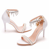 9cm high heel sandals with buckle beaded tassel shoes stiletto peep-toe Roman sandals