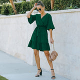 Women's V-neck Lace Up Ruffle Short Sleeve Dress