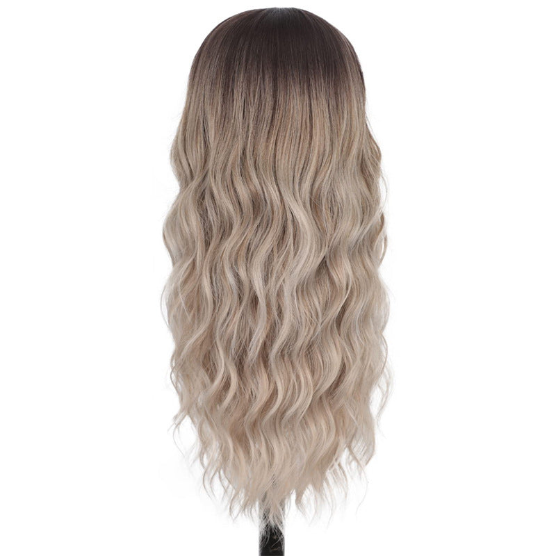 New wig gradient color medium split long curly hair front lace women's chemical fiber wig Headcover