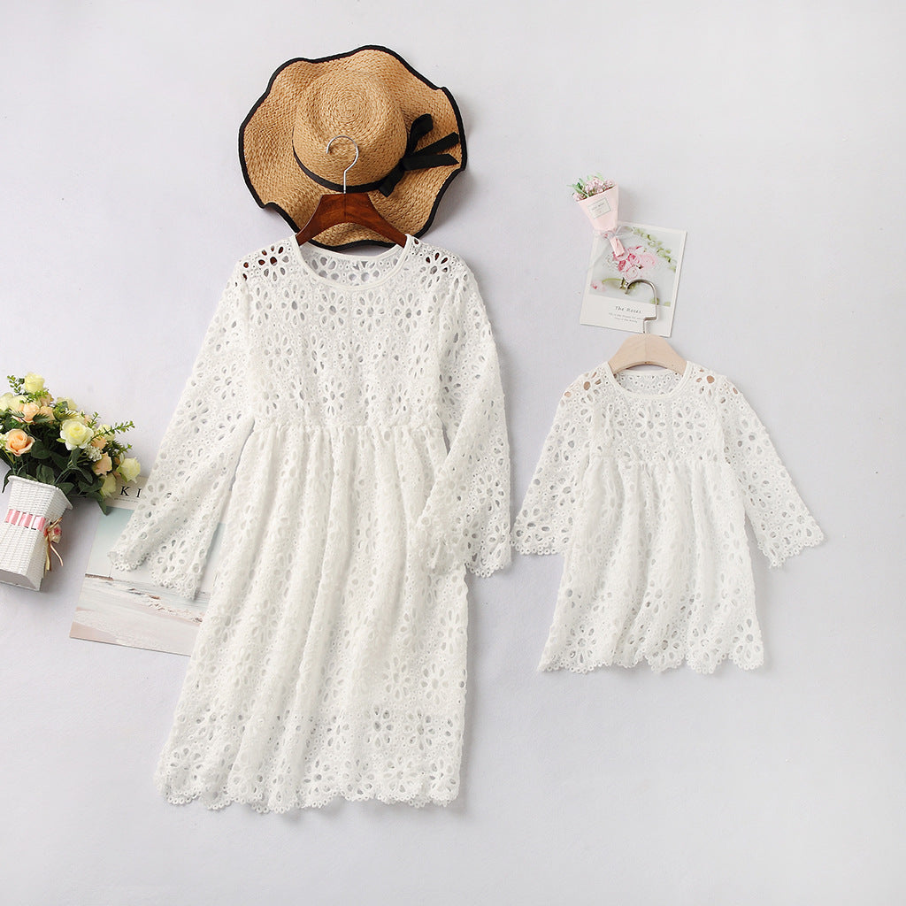 New summer sexy lace round neck Ruffle seven sleeve parent-child dress