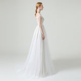 A-Line Sweep-Brush Train Lace Tulle Wedding Dress