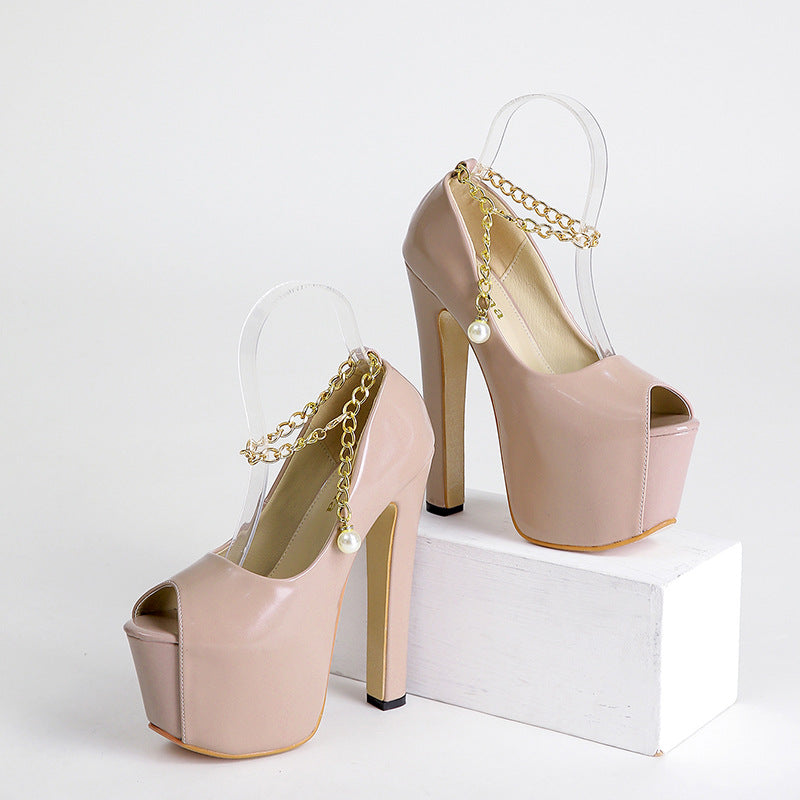 Women's pearl buckle chain peep toe hollowed sandals high heels