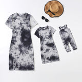 Printed rib parent-child dress round neck tie-dye dress