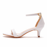 White low-cut strap sandals stiletto peep-toe large and small size high heel mid heel sandals for women