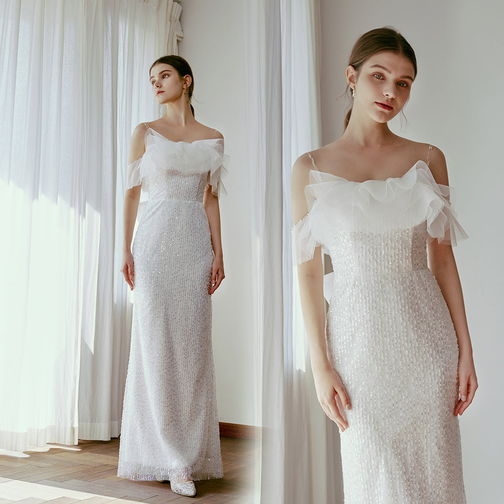 Sheath-Column Floor Length Lace Tulle Wedding Dress