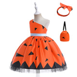 Children Girls Diagonal Shoulder Funny Printed Princess Dress Halloween Dress