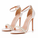 High heel sandals Pearl White single strap shoes stiletto peep-toe Roman sandals white wedding shoes