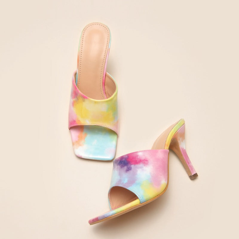 Fashion rainbow stiletto heel slippers women's high heel sandals large size sandals women