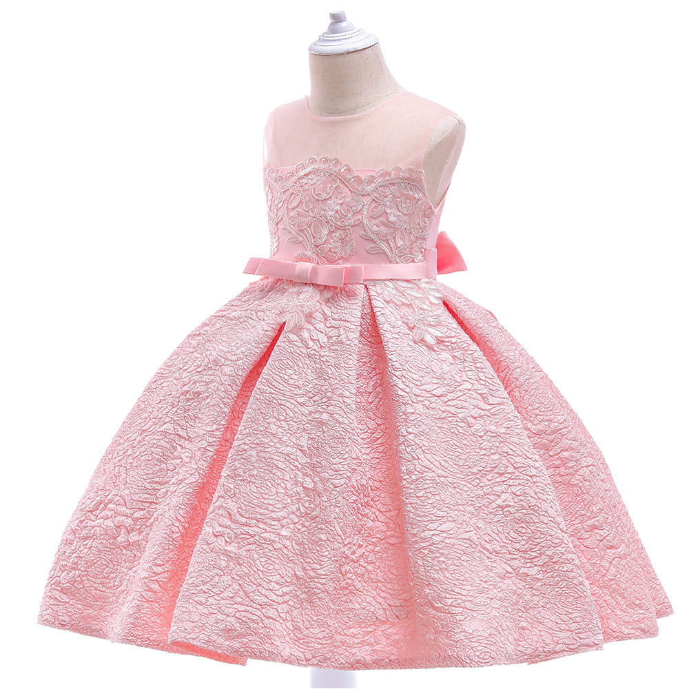 New European And American Children's Dress Embroidered Bowknot Pompous Skirt Flower Children Runway Dress Piano Performance Dress
