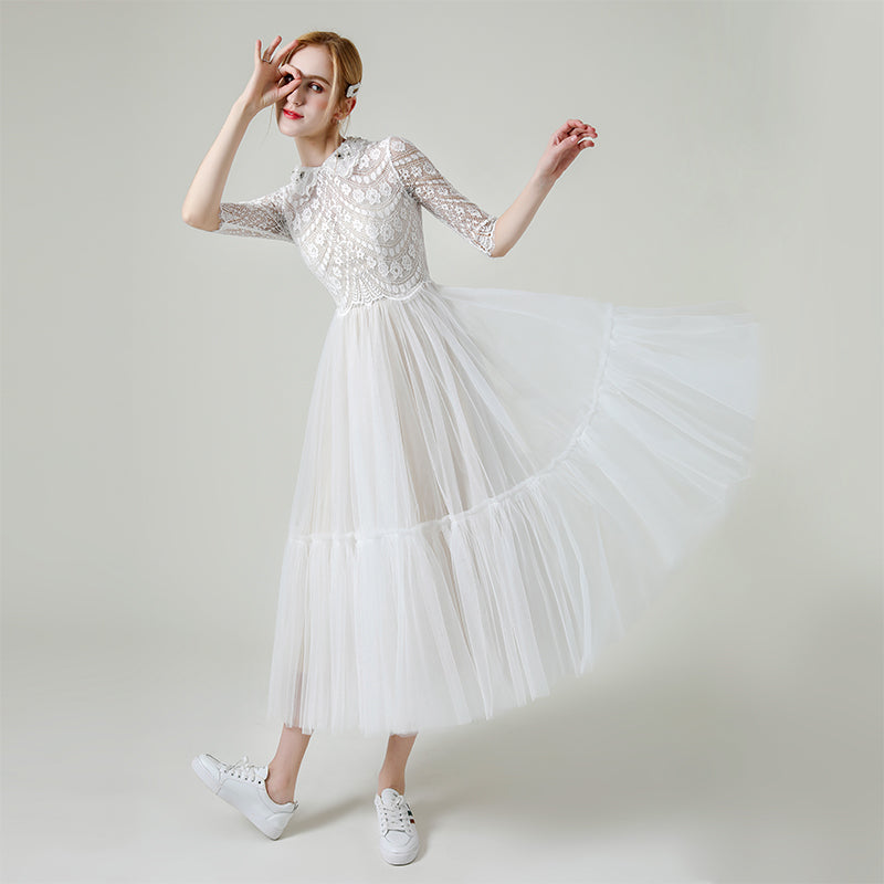 A-Line Tea Length Lace Tulle Wedding Dress