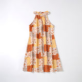 Tie-up lace-up collar printed parent-child dress