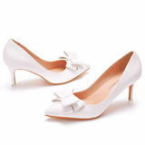 7cm pointed toe pumps small stiletto heel mid-heel shoes pumps bow pointed toe shoes large size women's shoes White wedding shoes