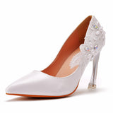 Low-cut pumps pointed stiletto heels white lace Rhinestone Wedding shoes prom party bridal wedding shoes
