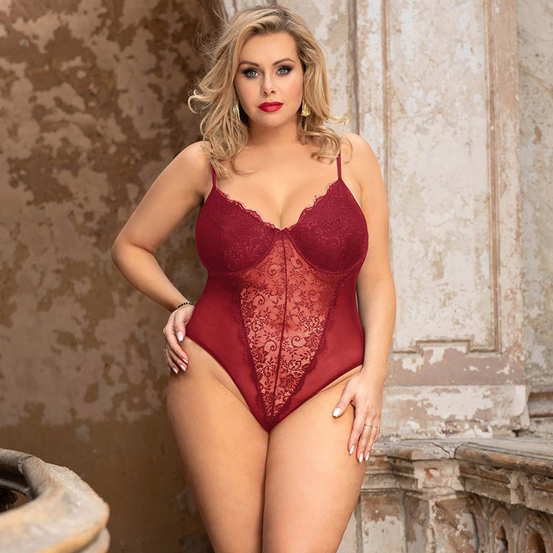 Plus size sexy lingerie lace sexy one-piece pajamas open-end free off