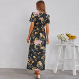 Women's Fashion Sexy V-neck Short Sleeve Printed Split Skirt Dress