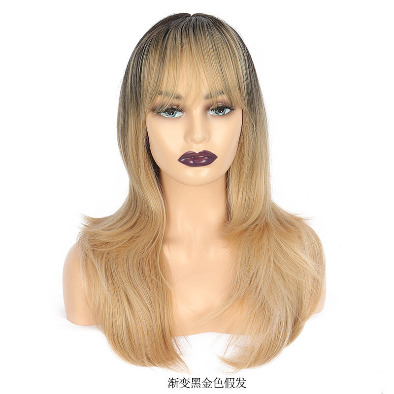 Wig female gradient color high temperature silk long straight hair air bangs layered chemical fiber wig headset wigs