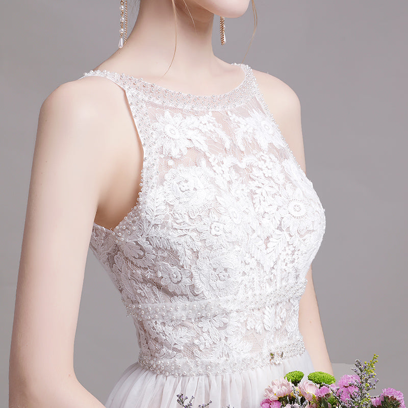 A-Line Sweep-Brush Train Lace Wedding Dress
