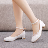 White Square Heel lace bridal wedding shoes