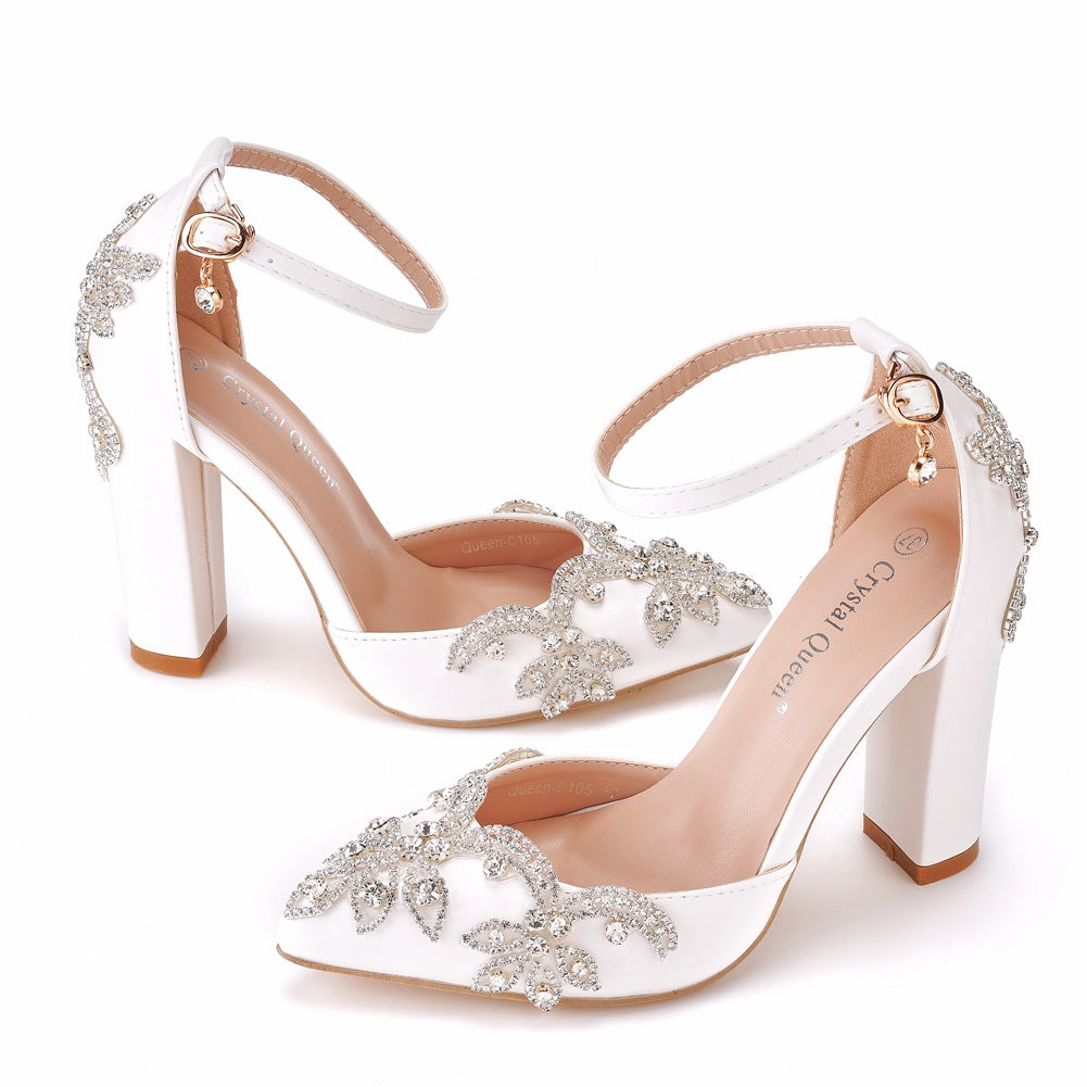Chunky heel pointed-toe shoes large size thick heel sandals Rhinestone Wedding shoes women's white wedding shoes