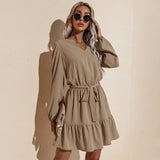 Women's V-neck Long Sleeve Ruffle Dress Short Skirt