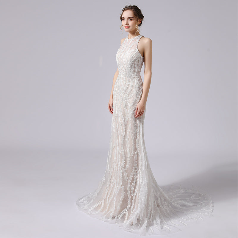 Trumpet-Mermaid Sweep-Brush Train Lace Wedding Dress