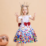 Children's Wear Girls Bow Colorful Printed Skirt Christmas Dress