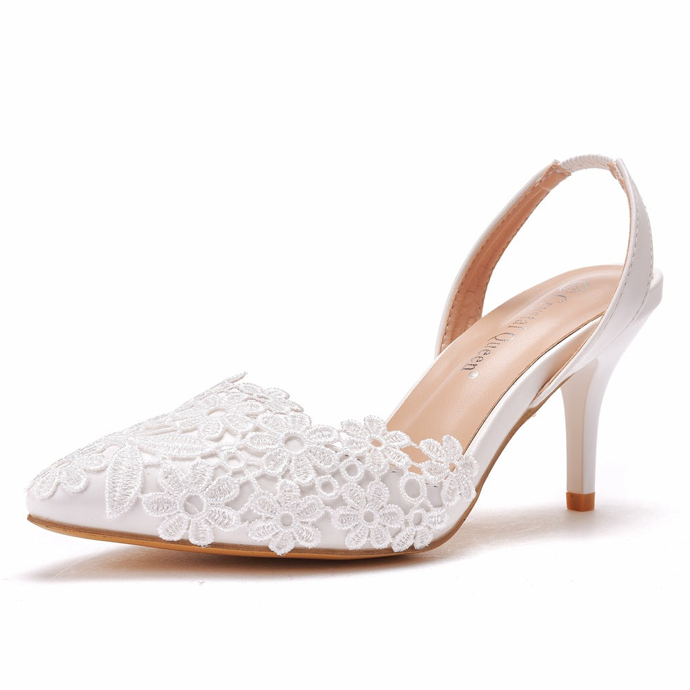 Low-cut pointed sandals white lace stiletto sandals large and small size wedding shoes Bride wedding suit wedding shoes