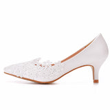 Low heel elegant simple lace flower wedding shoes