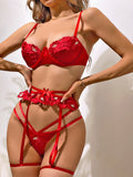 New fashion classic embroidery lace mesh underwear push up three-piece set