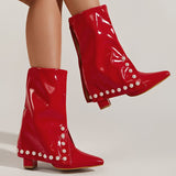 Women's red high-heel boots pointed chunky heel middle boots pearl decoration