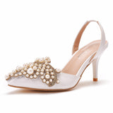 White and fine heel wedding shoes beaded bridal shoes