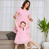 Parent-Child dress pink round-collar short sleeve cute princess dress