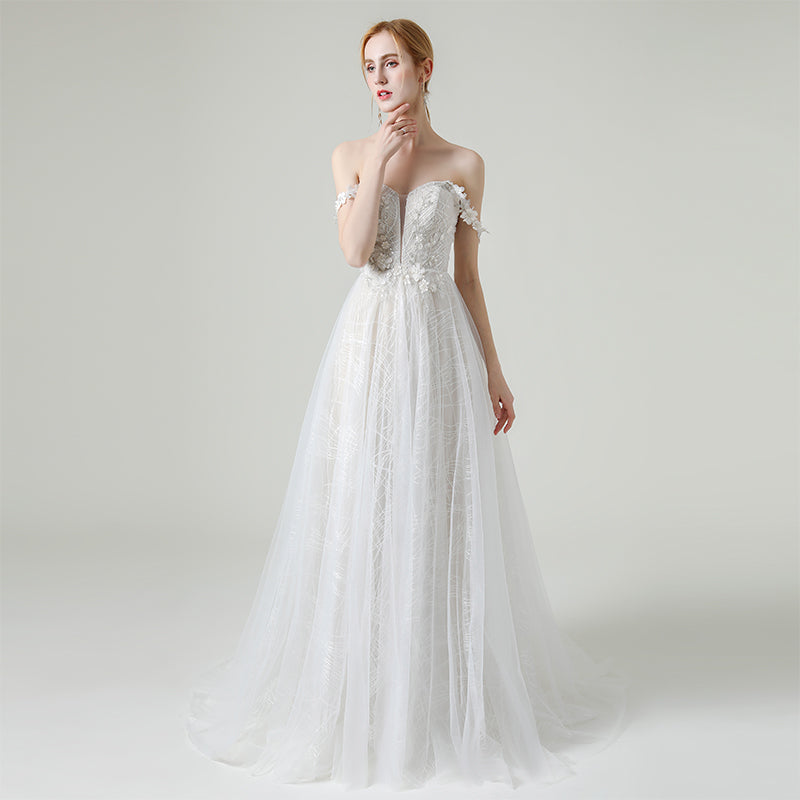 A-Line Sweep-Brush Train Lace Tulle Wedding Dress