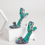 Personalized snakeskin pattern one-strap crystal heel plus size high heel sandals for women