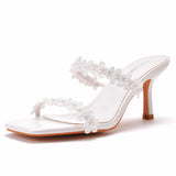 Square toe high heel sandals and slippers wine glass heel fashion white lace flower beaded sandals large size high heel