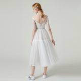 A-Line Tea Length Lace Tulle Wedding Dress