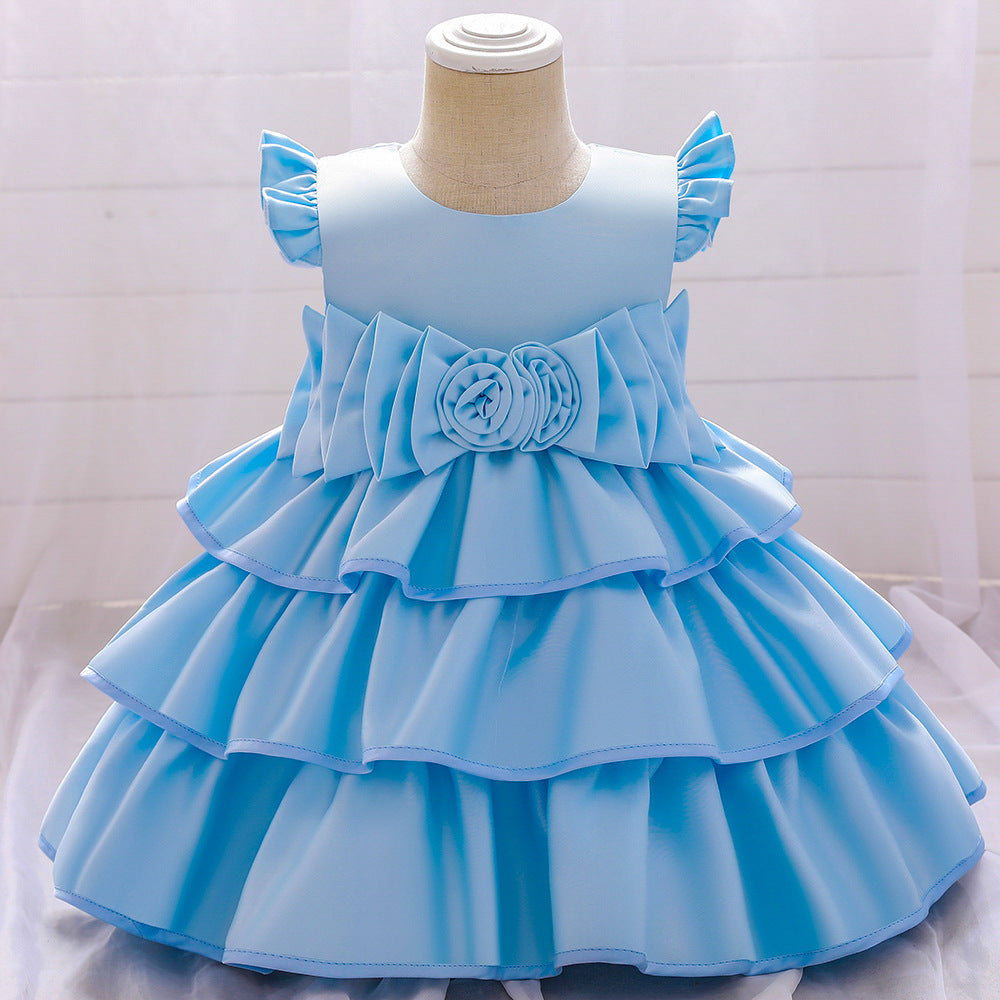 New Children's Dress First Birthday Baby Small Flying Sleeves Multi-Layer Cake Pompous Skirt Little Girl Dress Skirt