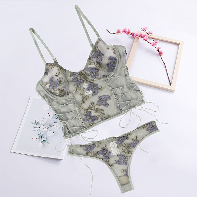Sexy butterfly embroidery pattern mesh underwear sexy suit with steel ring
