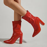 Women's red plus size pointed toe chunky high heels middle boots back zipper