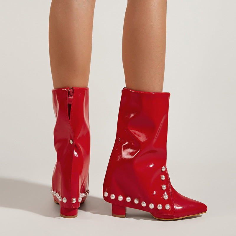 Women's red high-heel boots pointed chunky heel middle boots pearl decoration