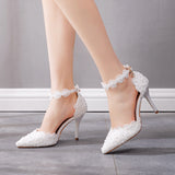 White lace wedding shoes single strap shoes stiletto heel pointed toe wedding dress bridal shoes women's sandals bridesmaid