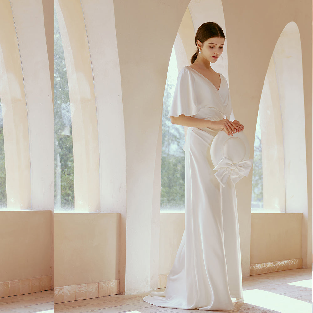 Sheath-Column Floor Length Satin Wedding Dress