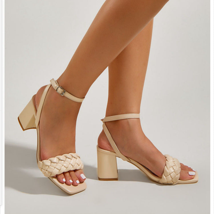 Simple style new square toe elegant woven twist belt ankle-strap buckle sandals women's chunky heel high heels