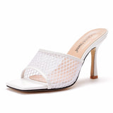 Square toe high heel sandals and slippers wine cup heel mesh breathable peep-toe shallow mouth sandals white mesh sandals