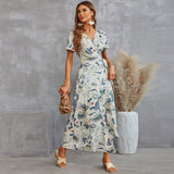 Women's Fashion Sexy V-neck Short Sleeve Printed Split Skirt Dress