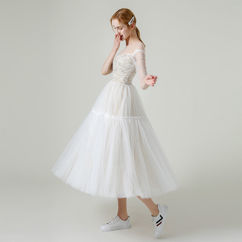 A-Line Tea Length Lace Tulle Wedding Dress