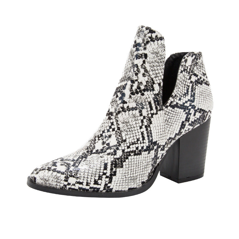 Snakeskin ankle boots Women's large size women's shoes chunky heel high heel printed boots