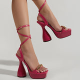 Square toe sexy one-word chain strap temperament thick platform cross buckle strap chunky heel women's high heel sandals